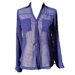 Express Navy Heart Print Semi-Sheer Portofino Dress Shirt, XS